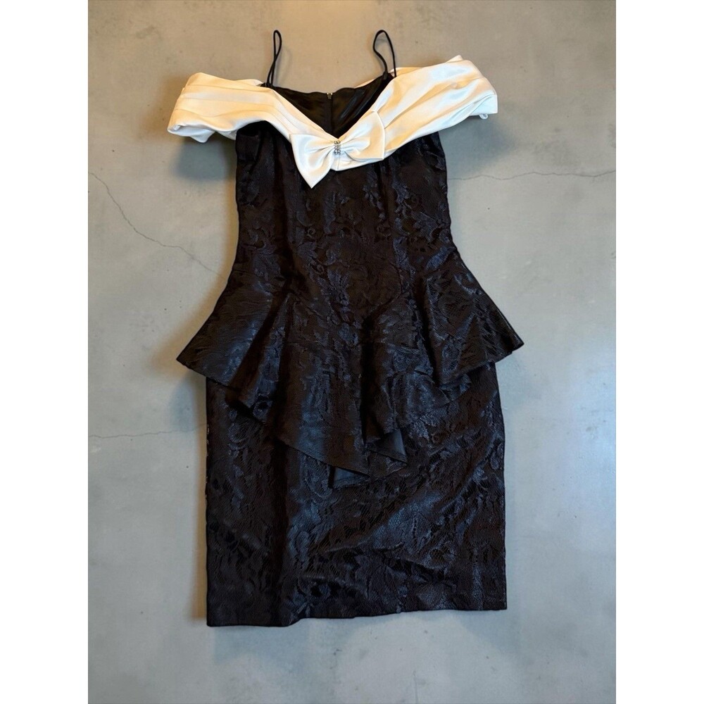 Vtg New Leaf Dress Black Lace White Satin Off The Shoulder Peplum Waist Bow SZ10
